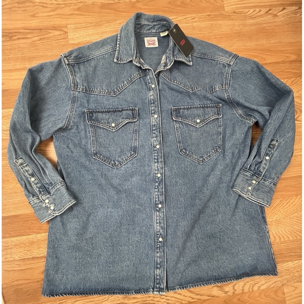 Levi's Dylan Oversized Western Denim Shirt Size Large Shacket Pearl Snaps NEW